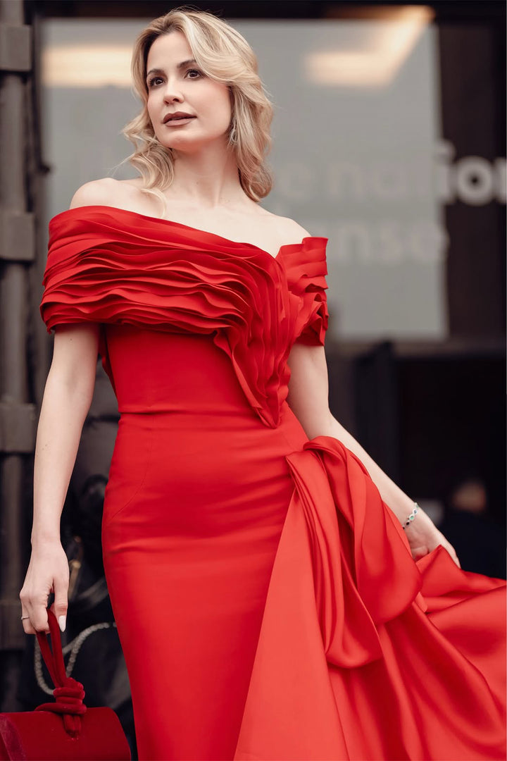 Off-The-Shoulder Crepe Dress with Organza