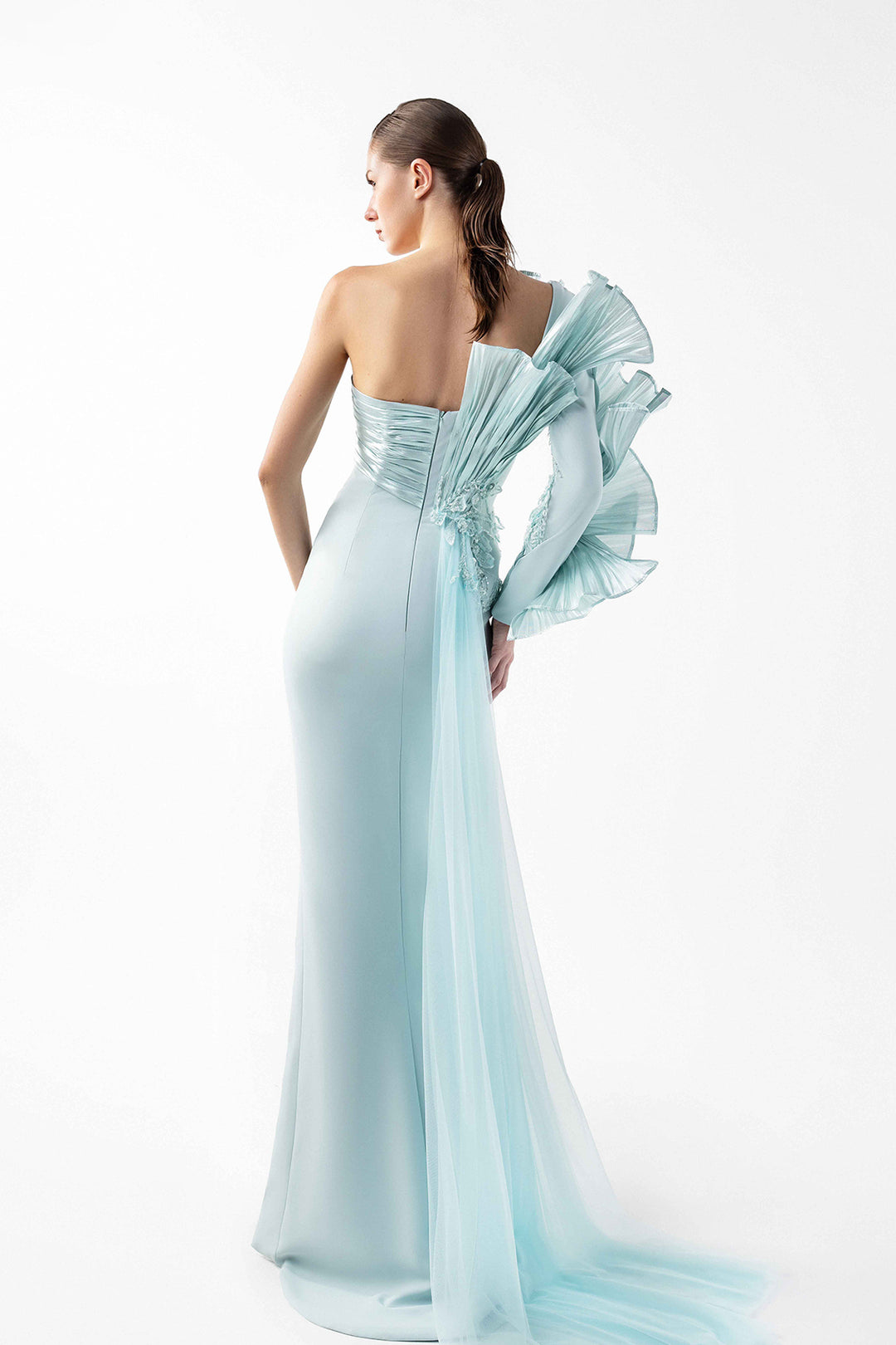 One-Shoulder Pleated Cascade Dress