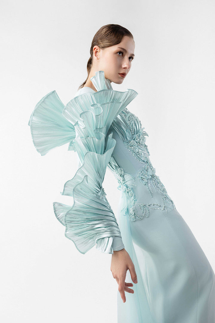 One-Shoulder Pleated Cascade Dress