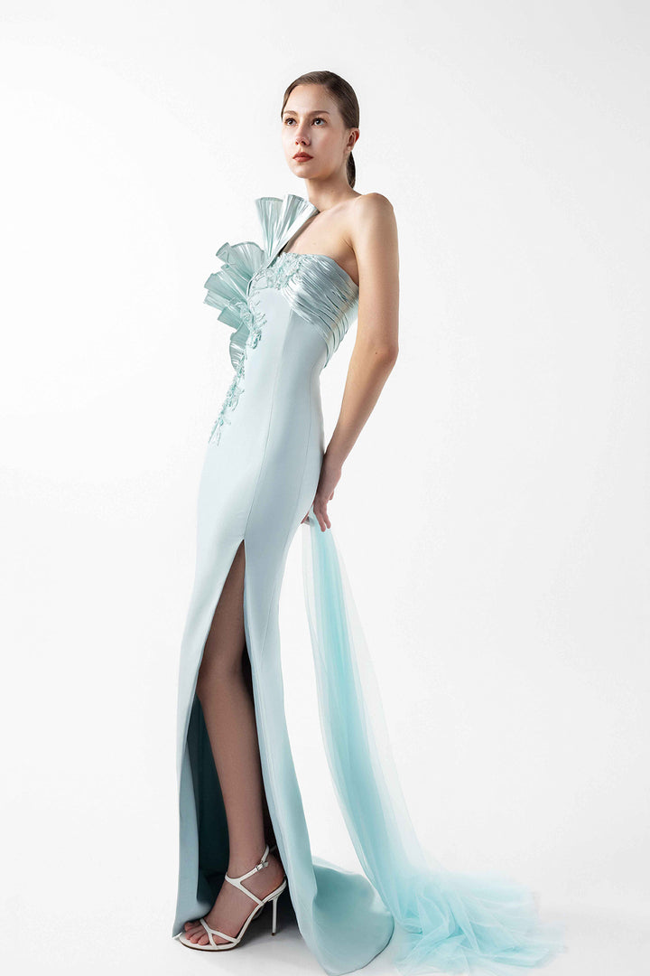 One-Shoulder Pleated Cascade Dress
