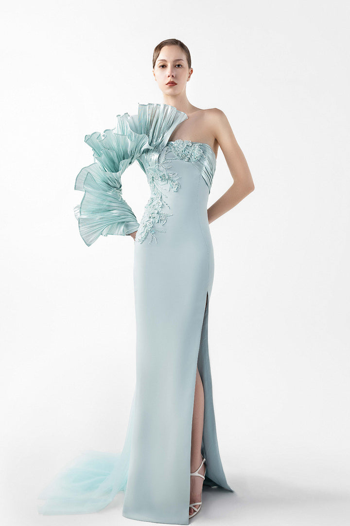 One-Shoulder Pleated Cascade Dress