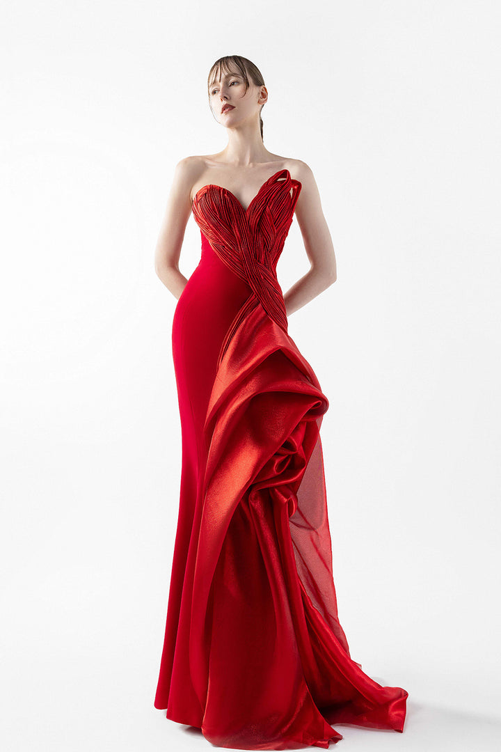 Crimson Blossom Asymmetric Strapless Dress