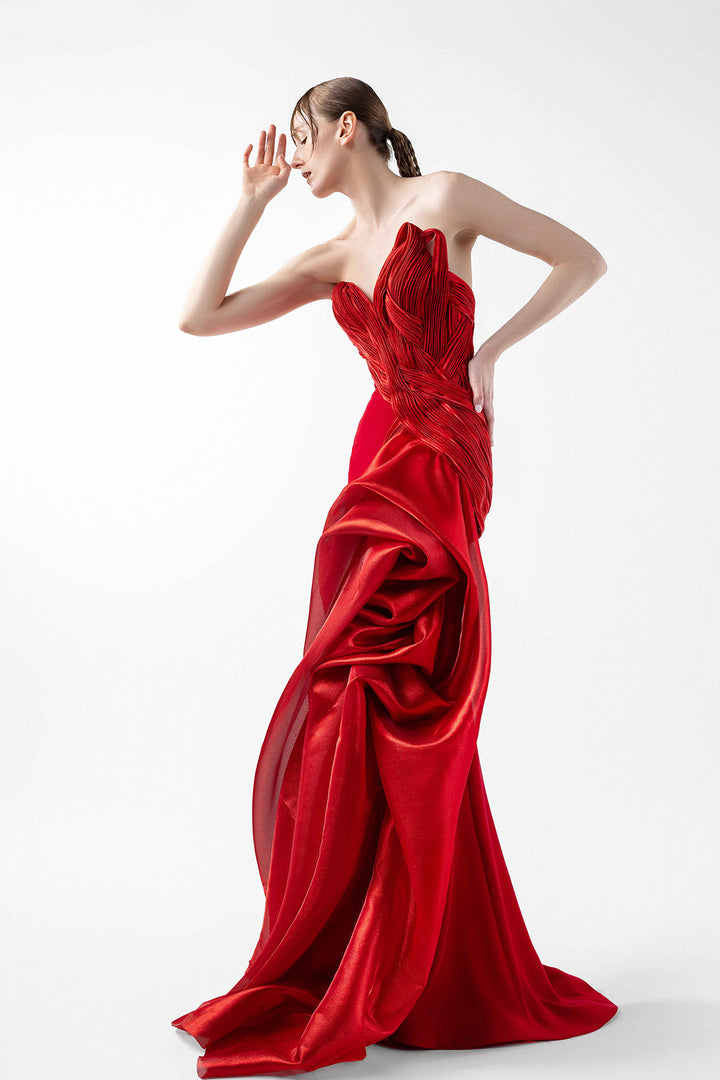 Crimson Blossom Asymmetric Strapless Dress