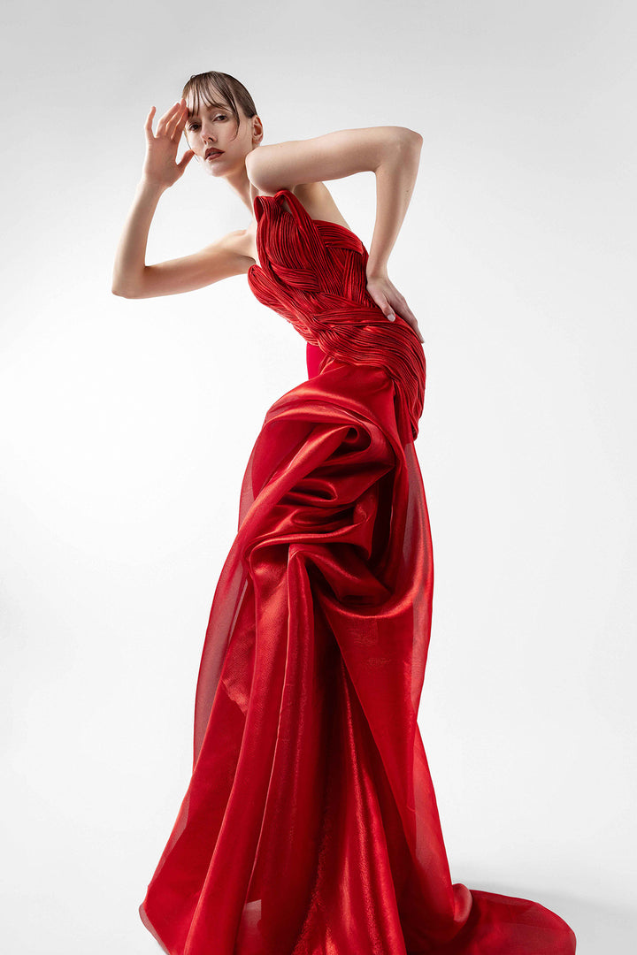 Crimson Blossom Asymmetric Strapless Dress