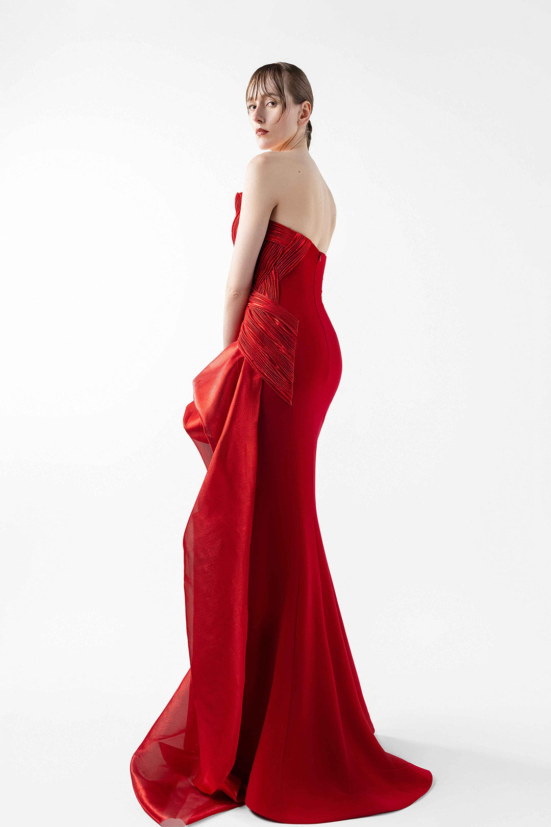 Crimson Blossom Asymmetric Strapless Dress