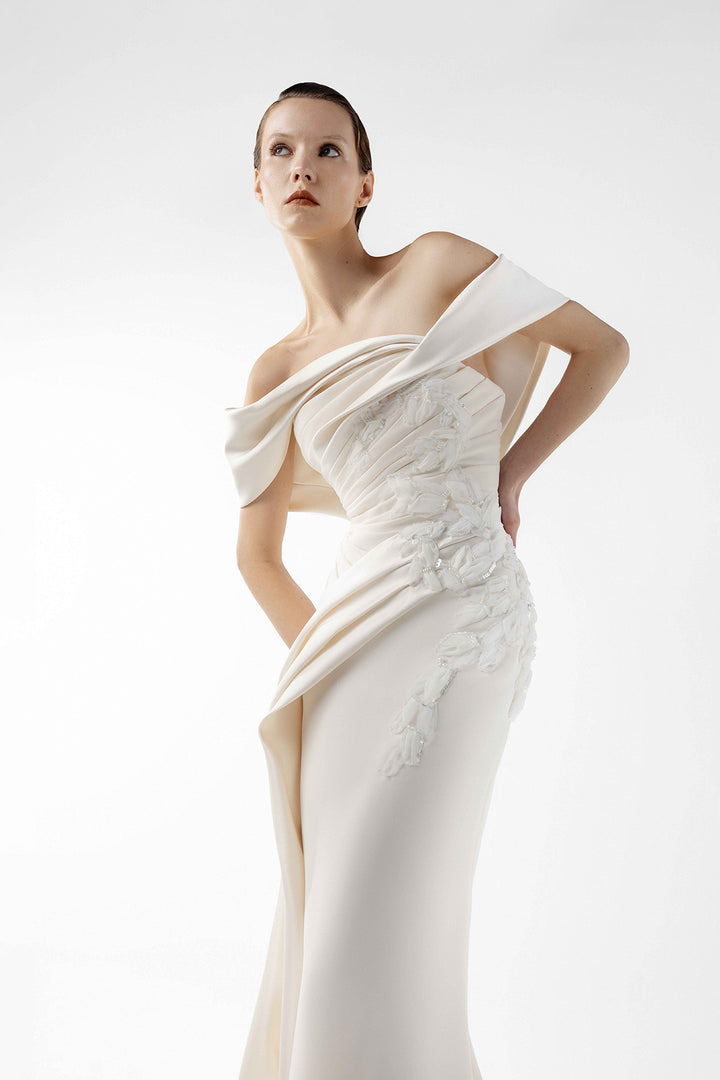 Off-The-Shoulder Embroidered Column Dress