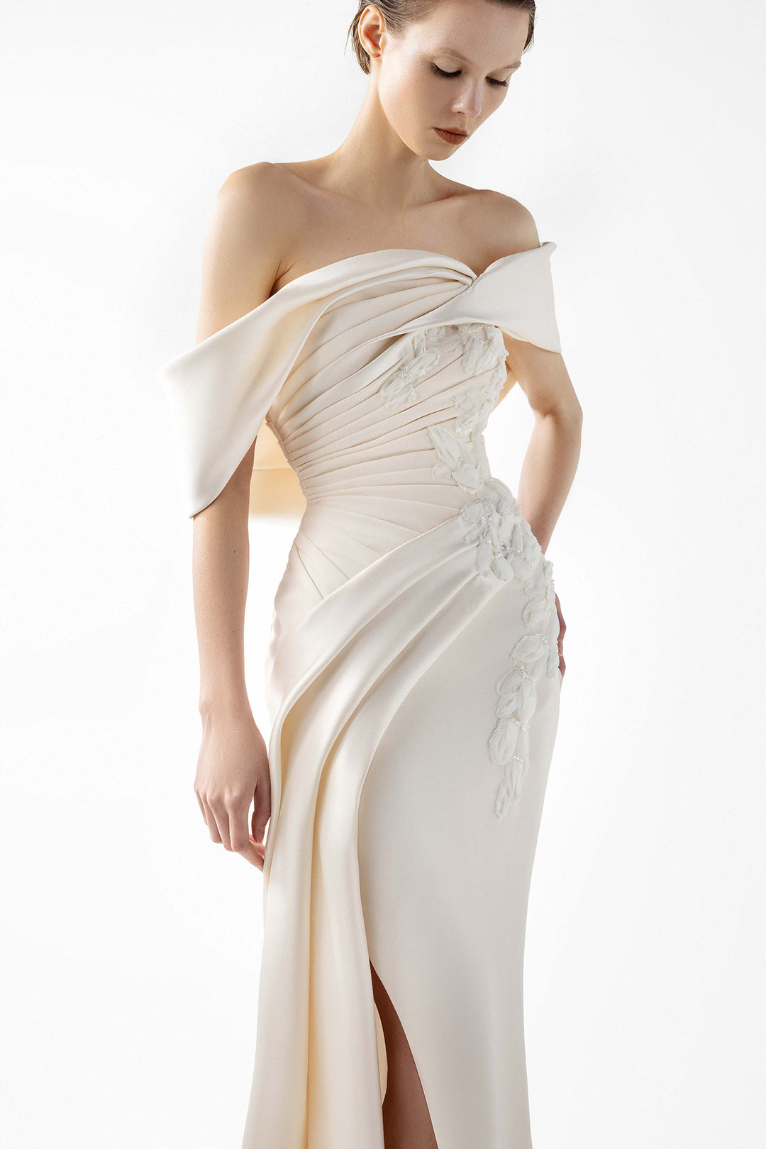 Off-The-Shoulder Embroidered Column Dress