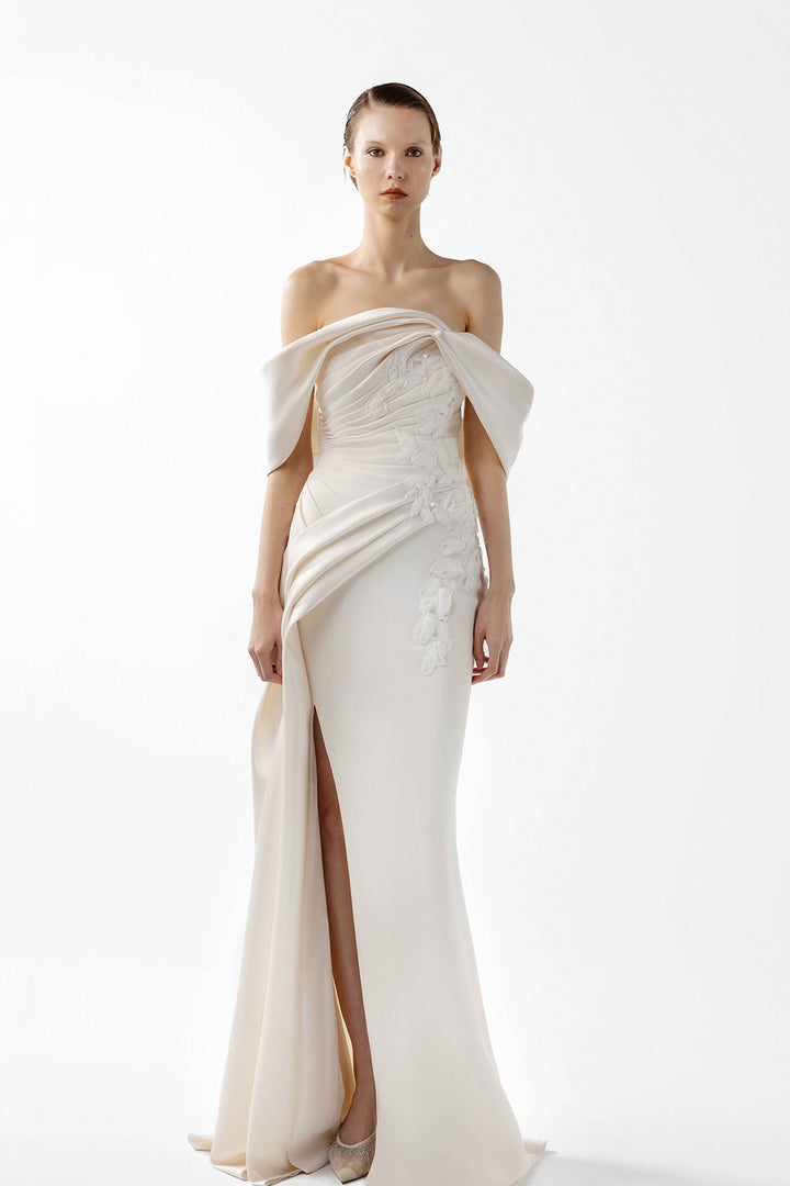 Off-The-Shoulder Embroidered Column Dress