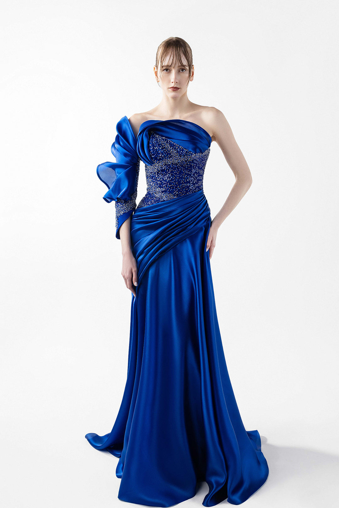 One-Sleeve Organza and Lace Dress Blue / US 12 One-Sleeve Organza and Lace Dress Blue / US 12