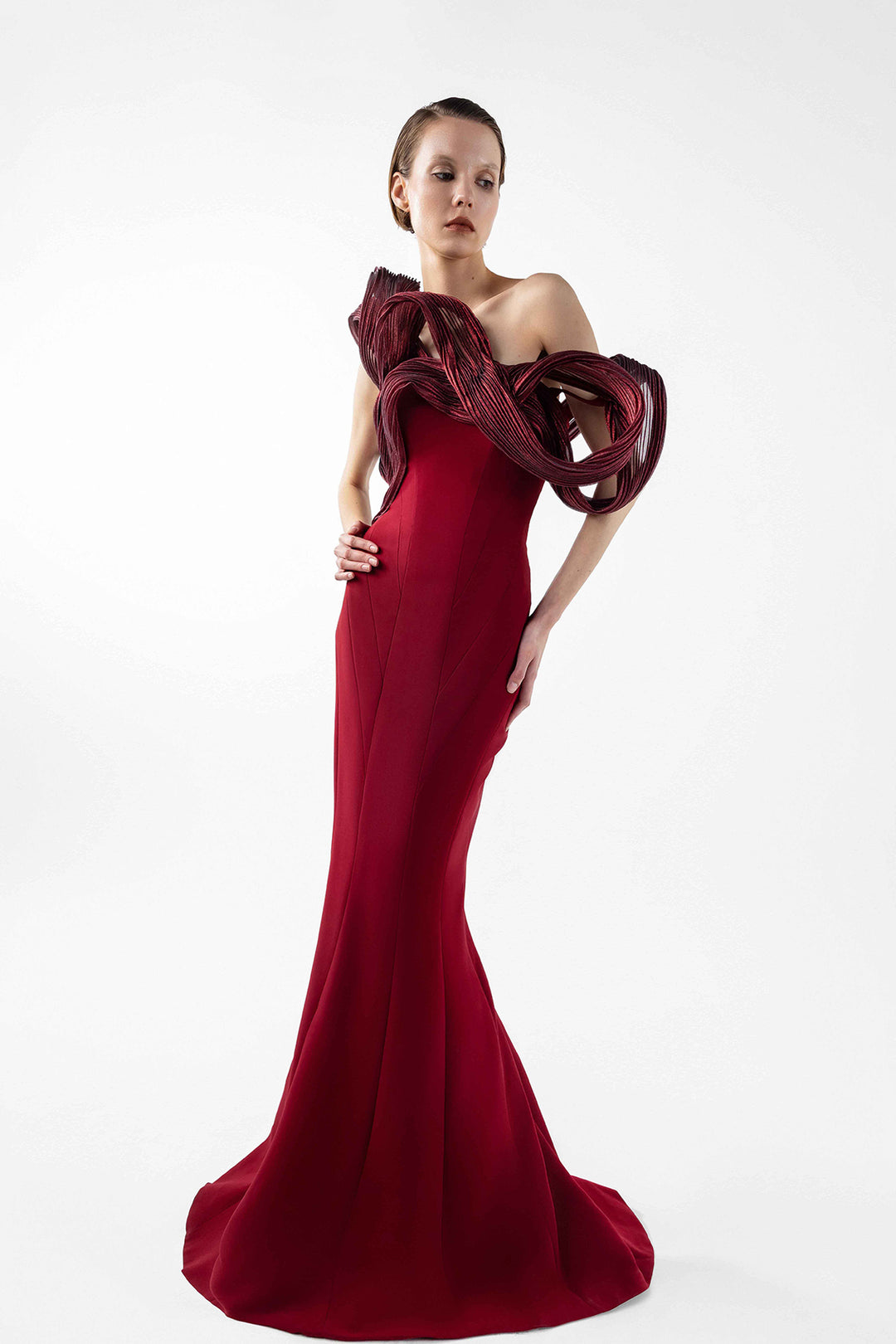 Crepe Gown with Lam Organza Loops Burgundy / US 10 Crepe Gown with Lam Organza Loops Burgundy / US 10