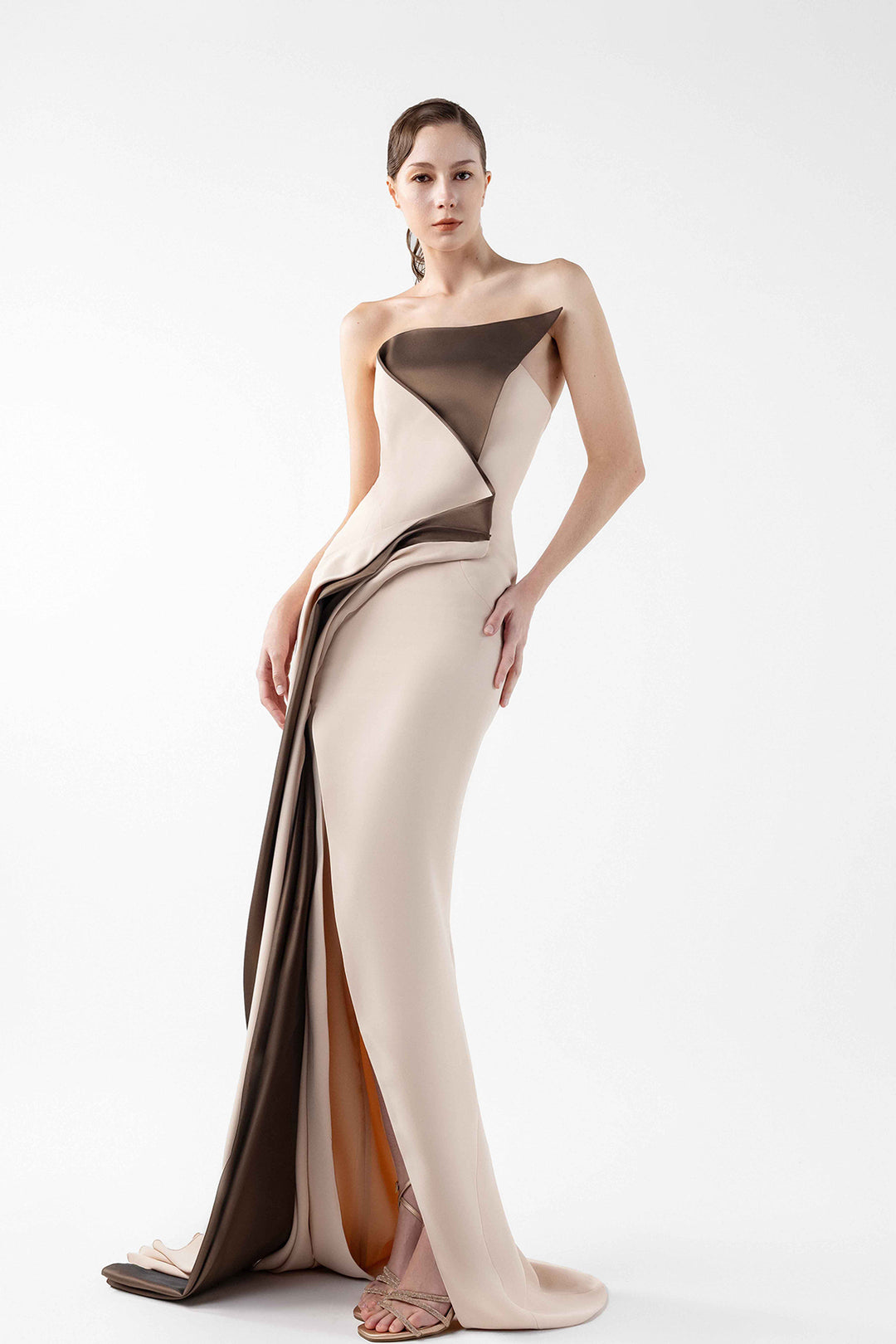 Nude Gown with Metallic Taffeta Drape and Slit Multicolor / US 10 Nude Gown with Metallic Taffeta Drape and Slit Multicolor / US 10