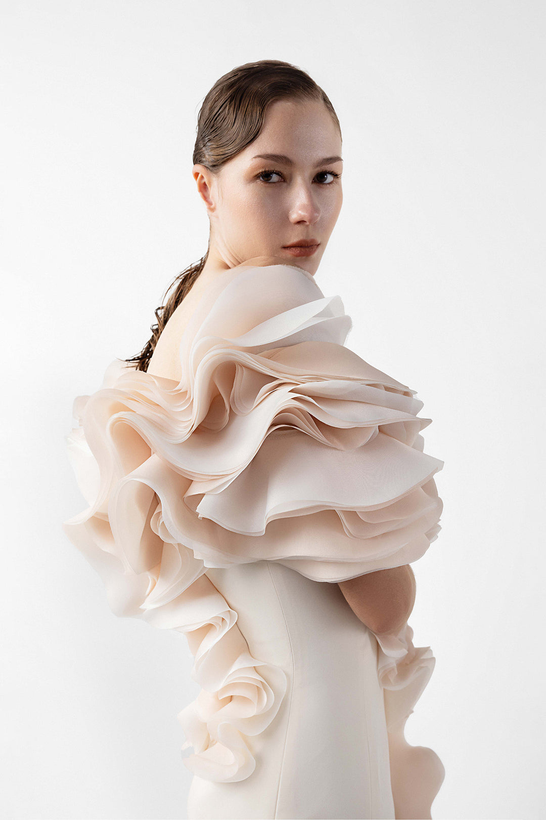 Mermaid Crepe Dress with Organza Ruffles