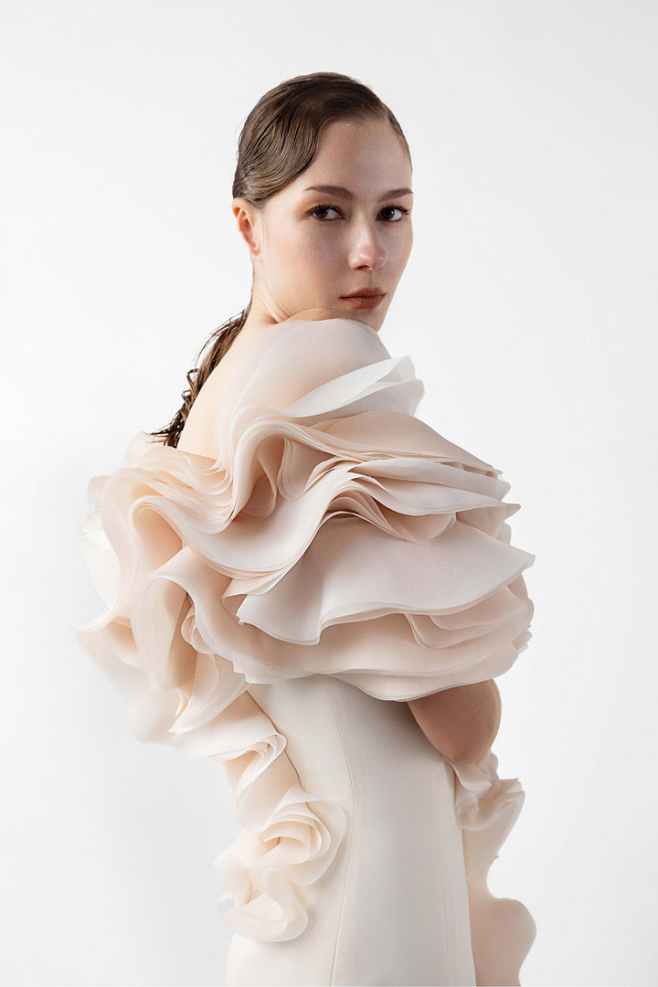 Mermaid Crepe Dress with Organza Ruffles