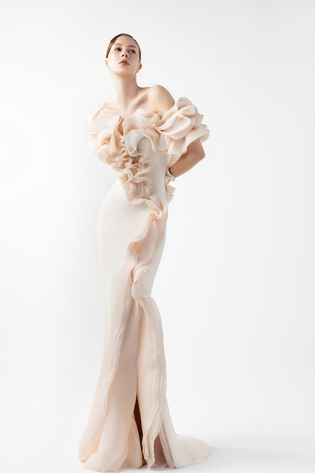 Mermaid Crepe Dress with Organza Ruffles