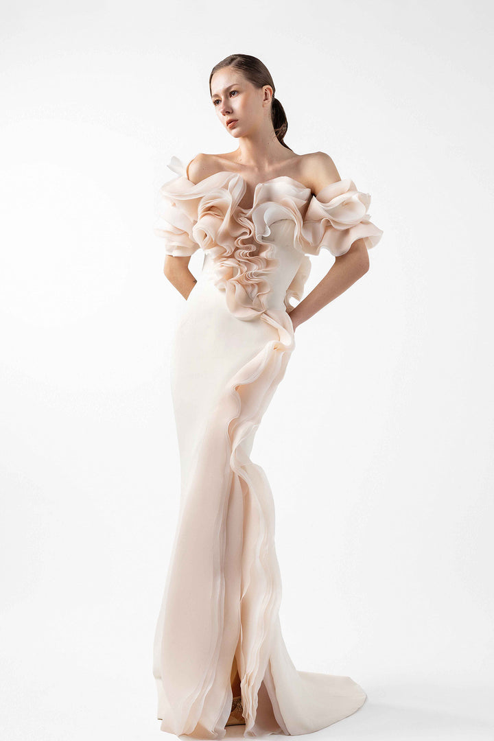 Mermaid Crepe Dress with Organza Ruffles