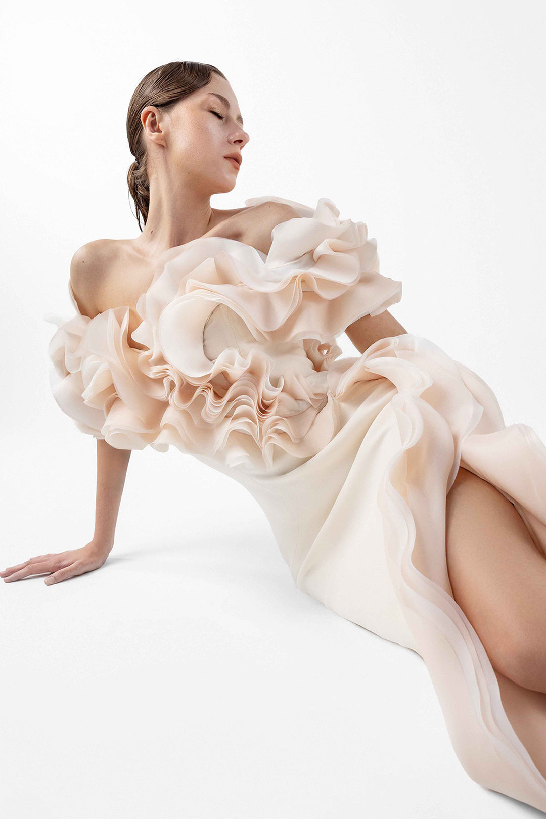 Mermaid Crepe Dress with Organza Ruffles