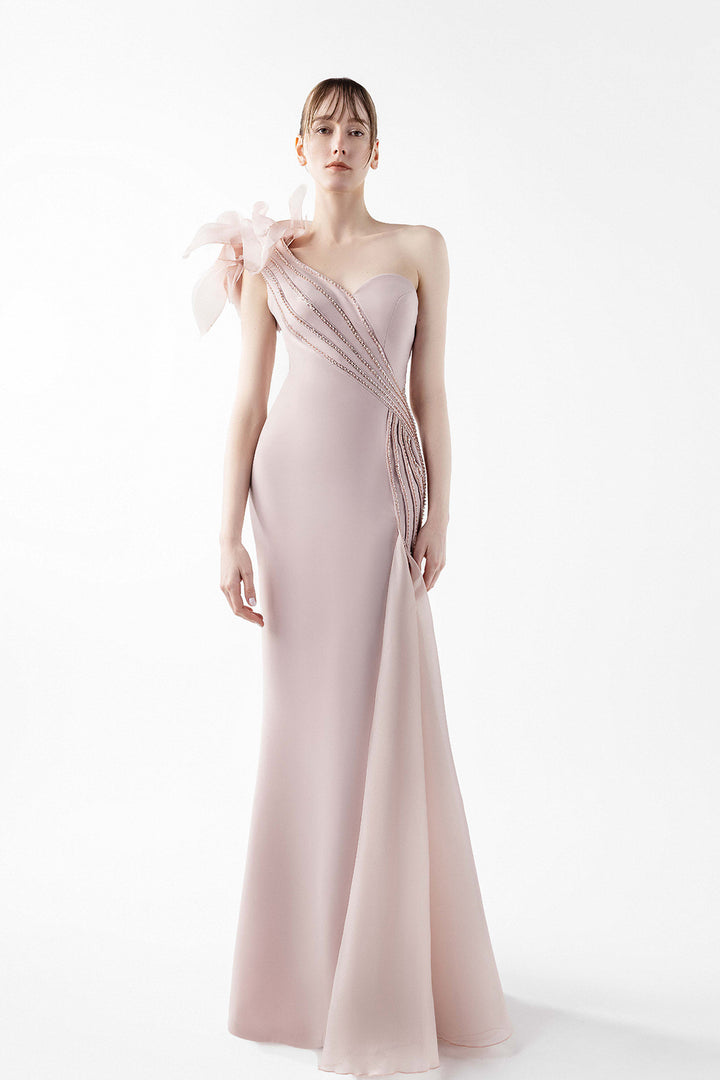 Mermaid Satin Dress with Sculptural Shoulder