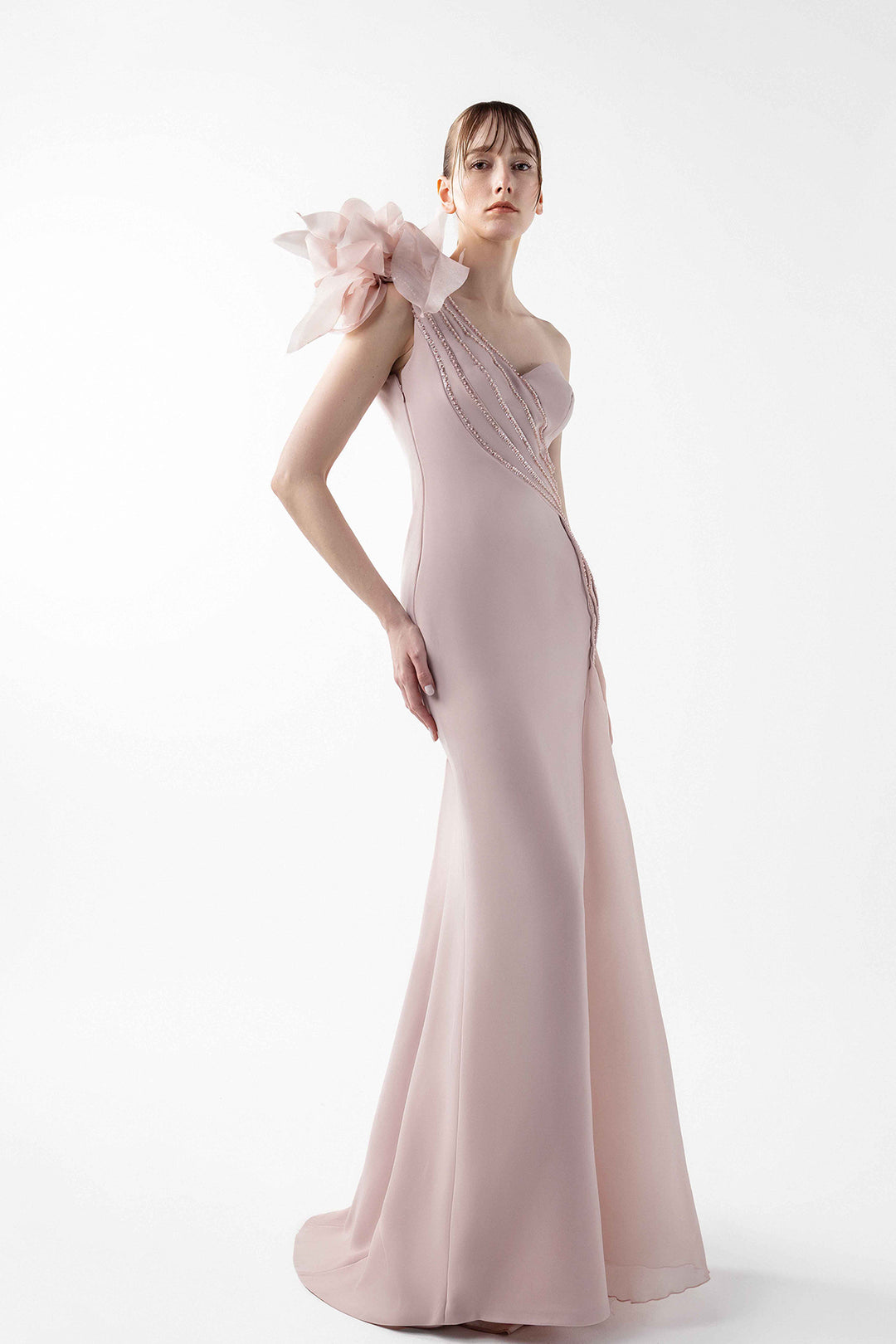 Mermaid Satin Dress with Sculptural Shoulder