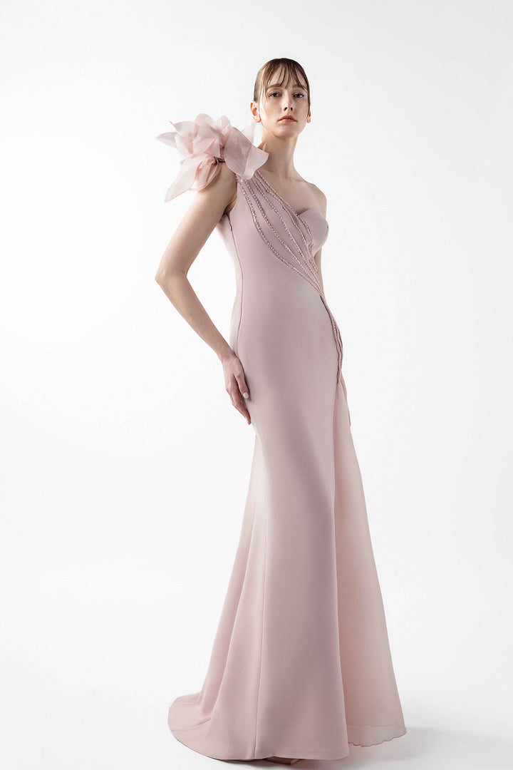 Mermaid Satin Dress with Sculptural Shoulder