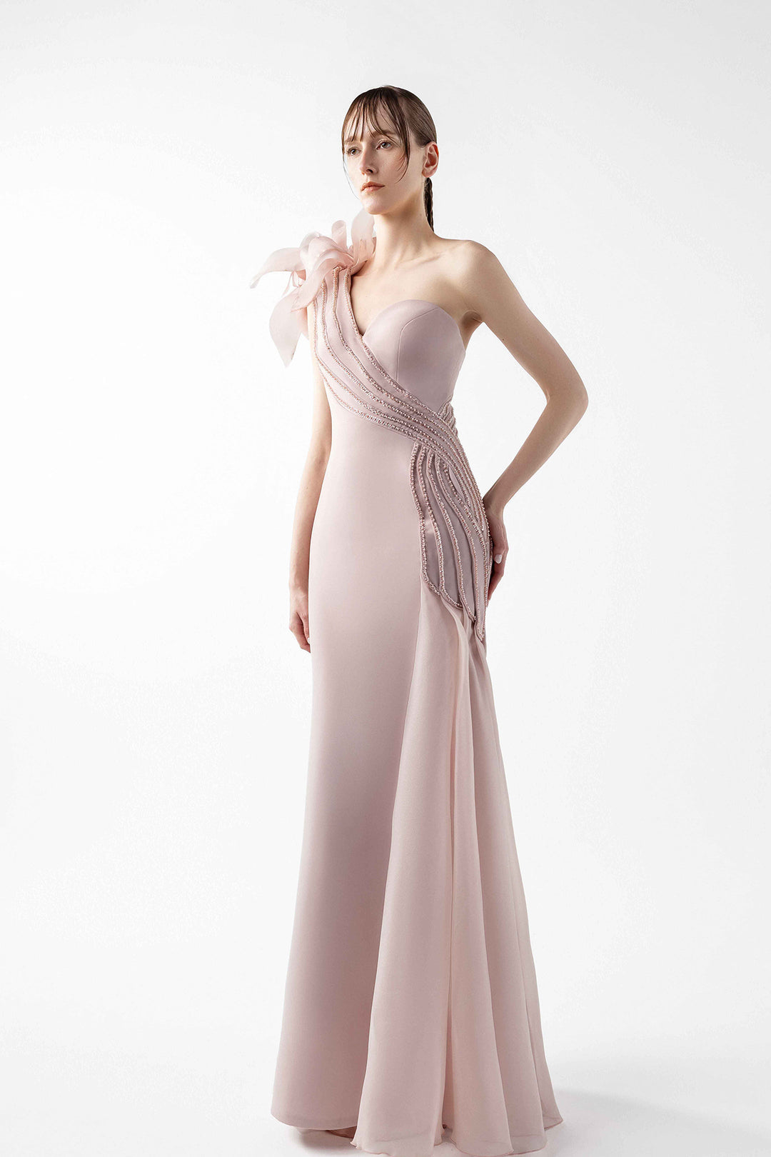 Mermaid Satin Dress with Sculptural Shoulder