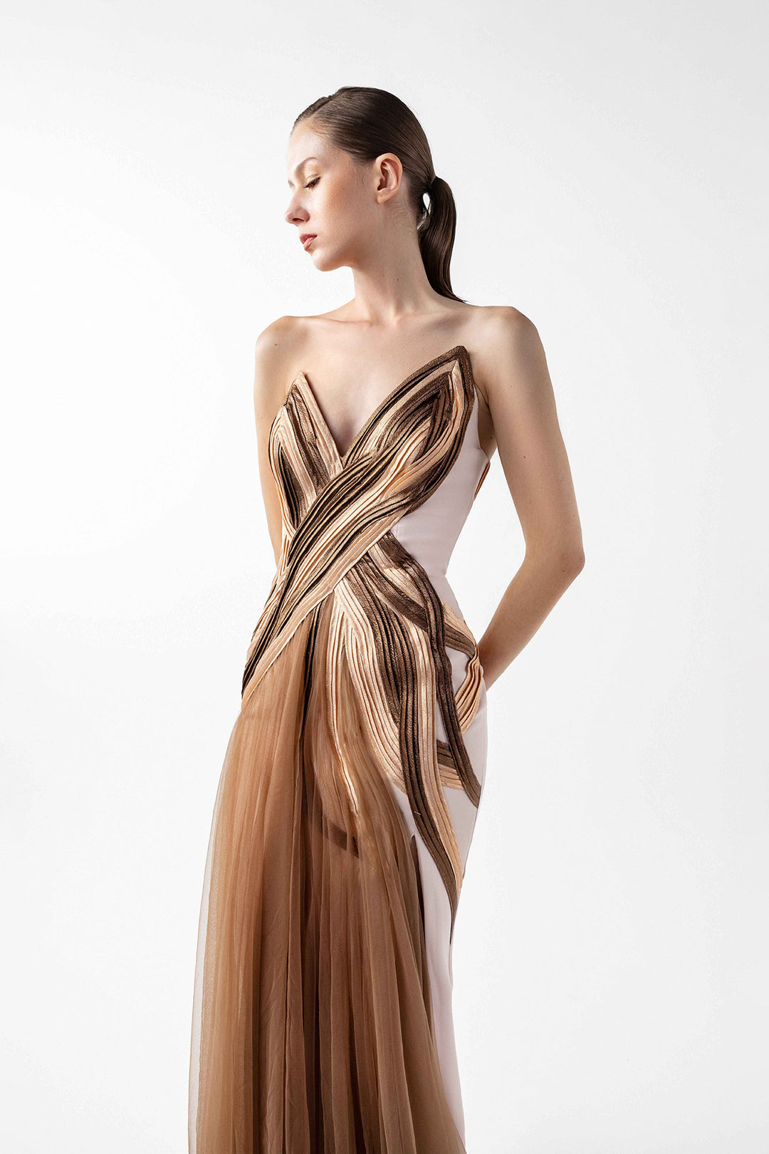 MNM Couture G2038 - Long Crepe, Lame Organza, Tulle Sheath Dress MNM Couture G2038 - Long Crepe, Lame Organza, Tulle Sheath Dress
