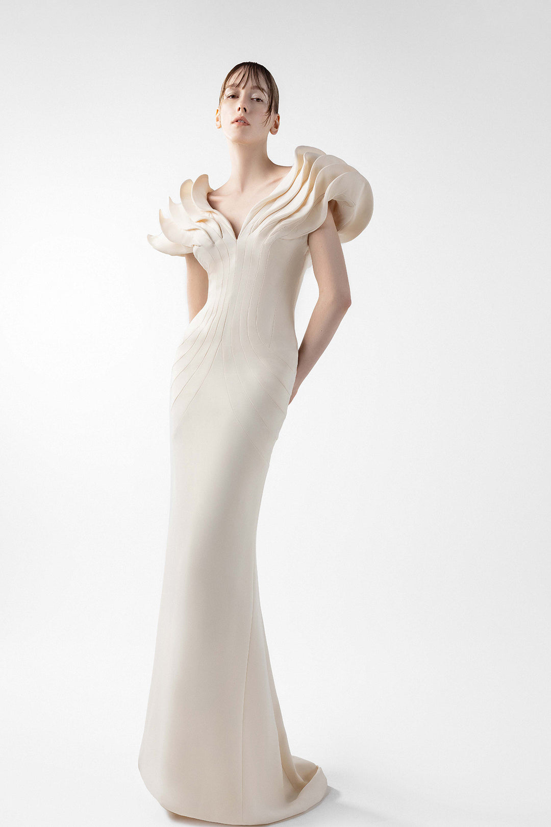 Gown with Architectural Sleeves and Sculpted Lines Cream / US 6 Gown with Architectural Sleeves and Sculpted Lines Cream / US 6