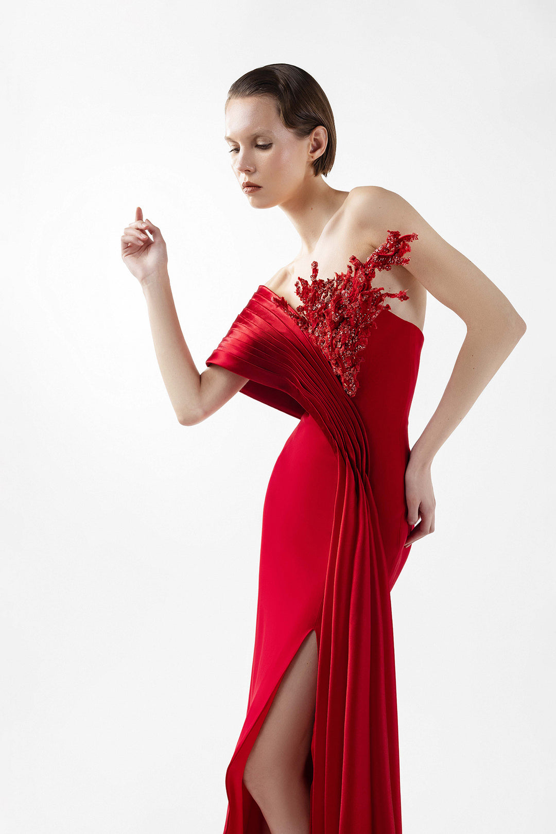 Crepe Dress with Hand-Embellished Bust