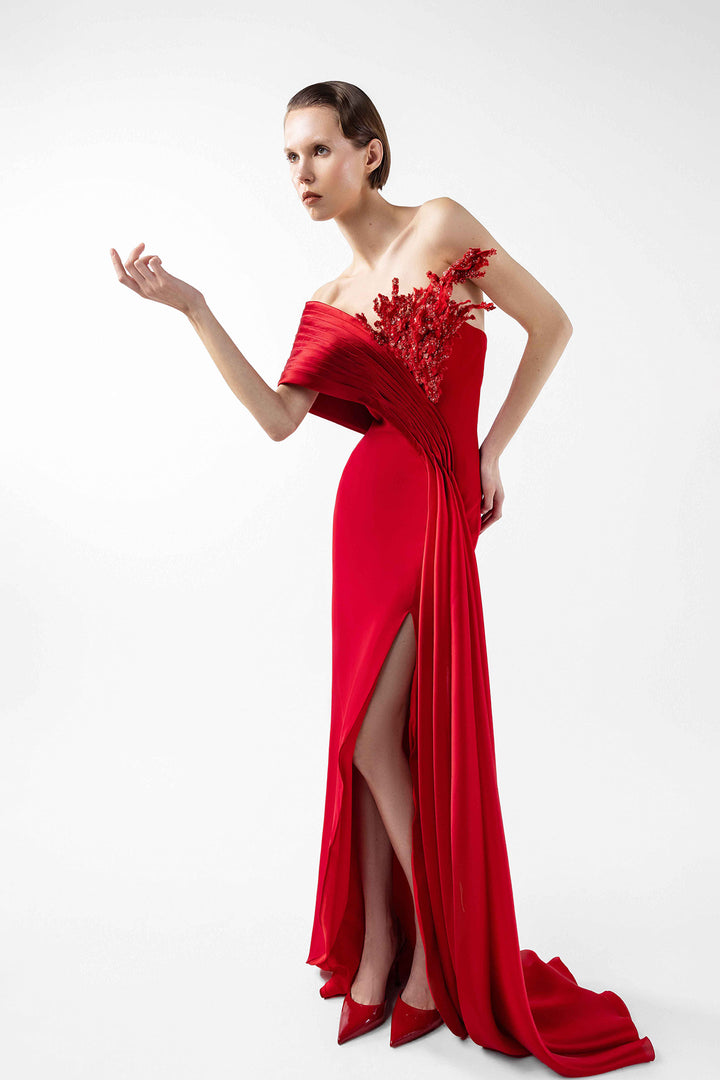 Crepe Dress with Hand-Embellished Bust