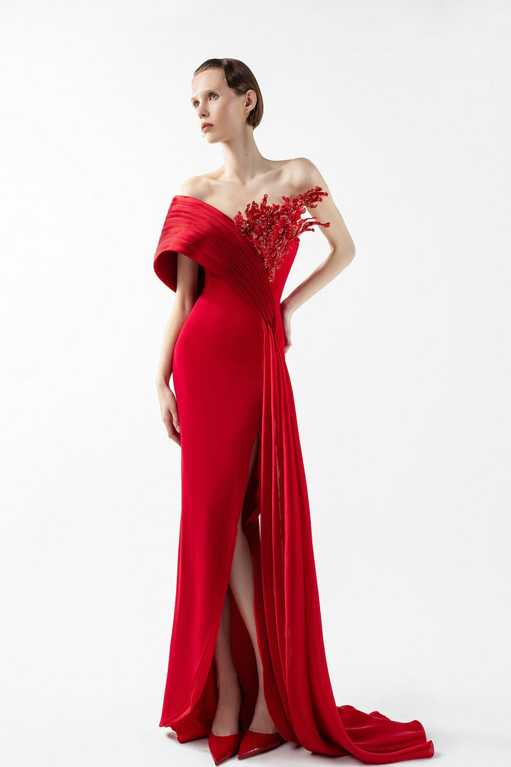 Crepe Dress with Hand-Embellished Bust