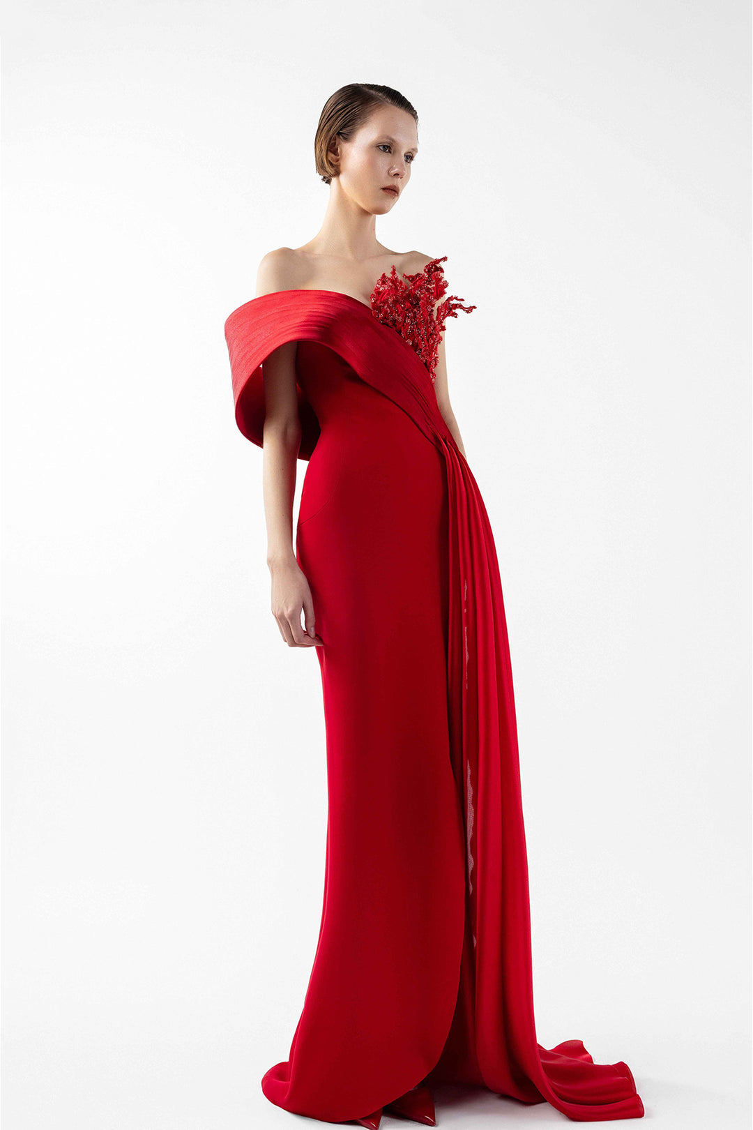 Crepe Dress with Hand-Embellished Bust