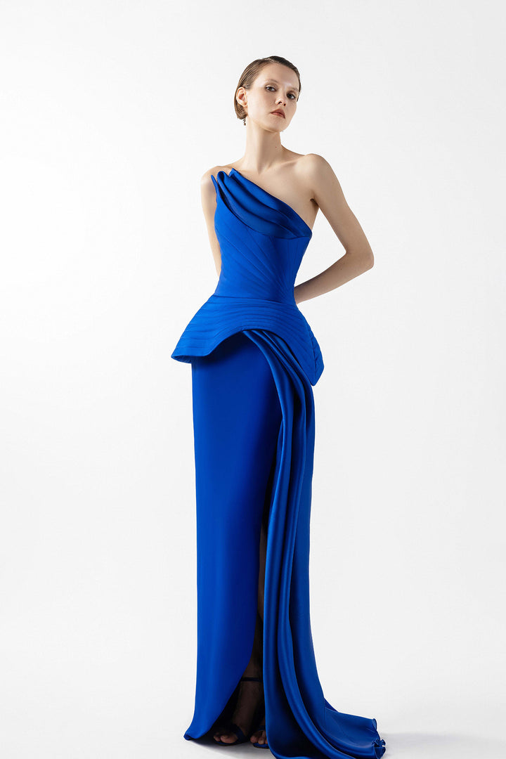 Asymmetrical Crepe with Organza Drapes