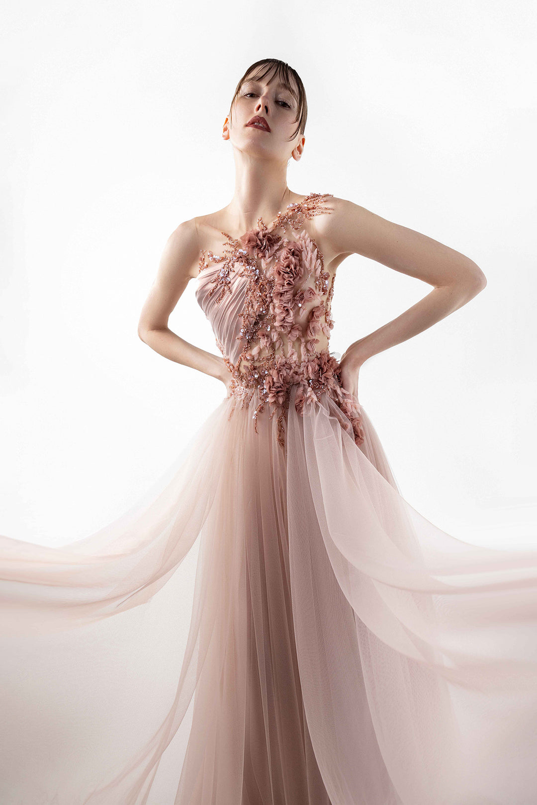 Illusion Gown with Cascading Floral Embroidery Pink / US 6 Illusion Gown with Cascading Floral Embroidery Pink / US 6