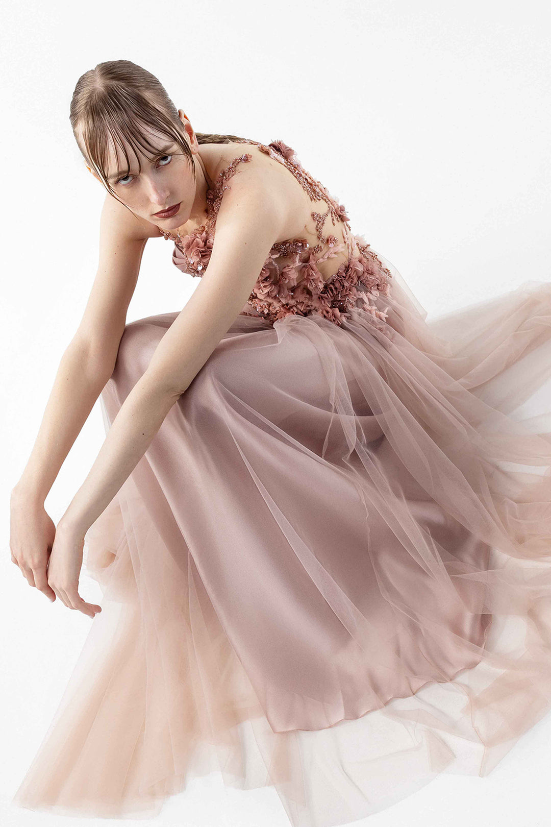 Illusion Gown with Cascading Floral Embroidery Pink / US 6 Illusion Gown with Cascading Floral Embroidery Pink / US 6