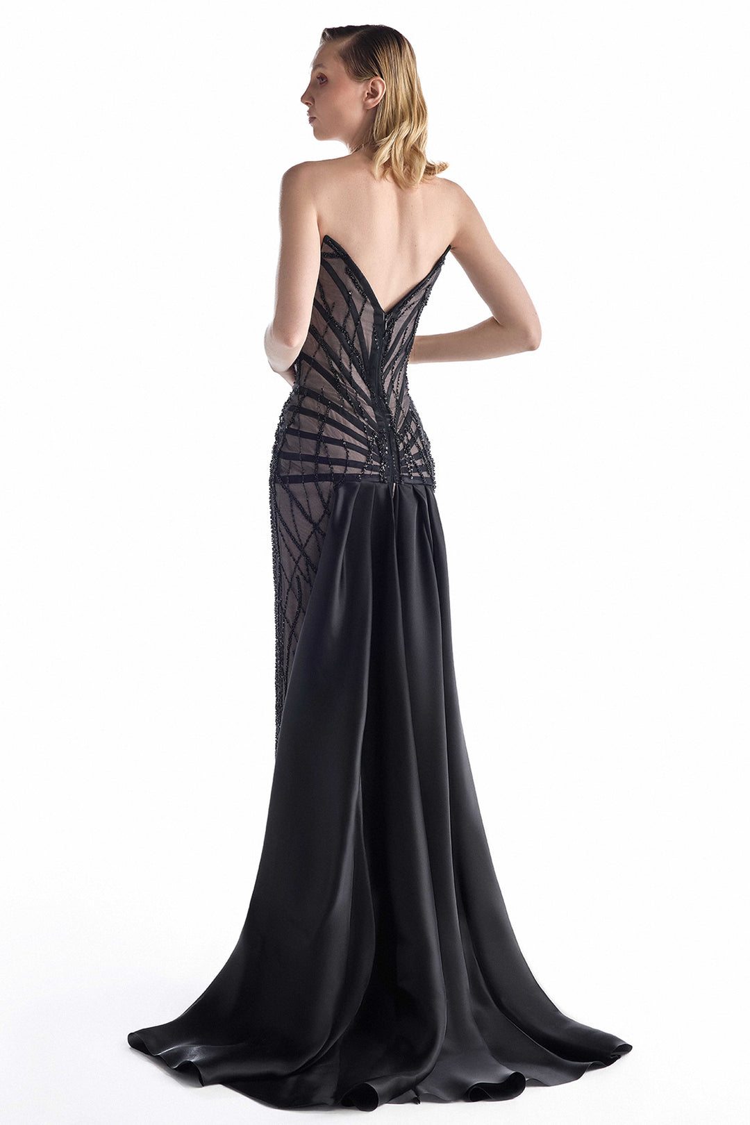 Strapless Beaded Column Dress with Train