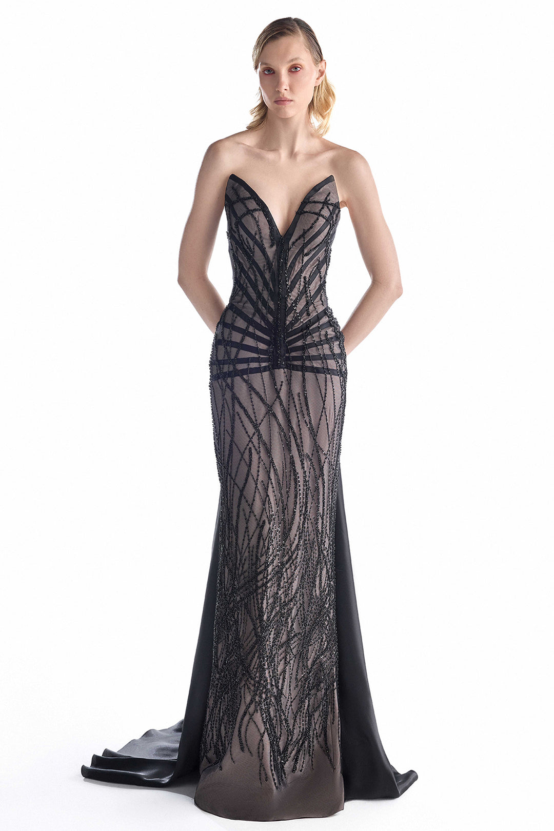 Strapless Beaded Column Dress with Train