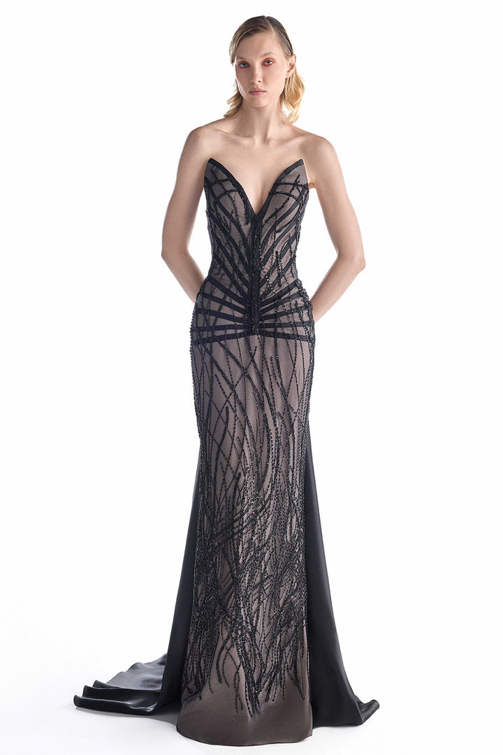 Strapless Beaded Column Dress with Train