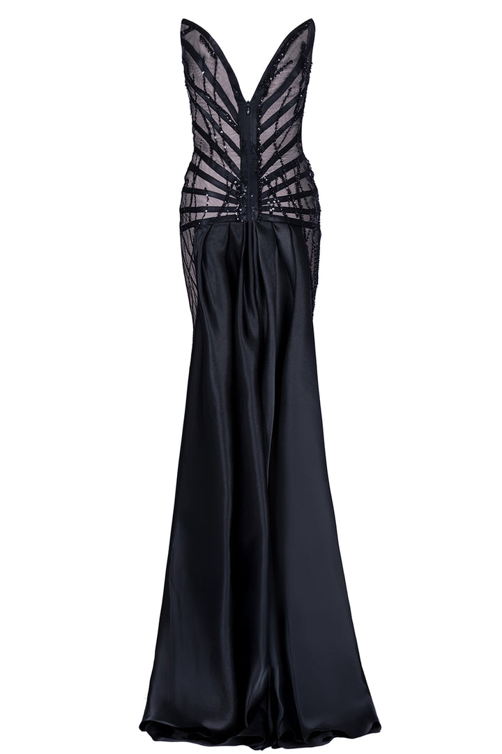 Strapless Beaded Column Dress with Train
