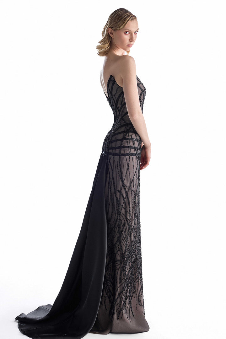 Strapless Beaded Column Dress with Train