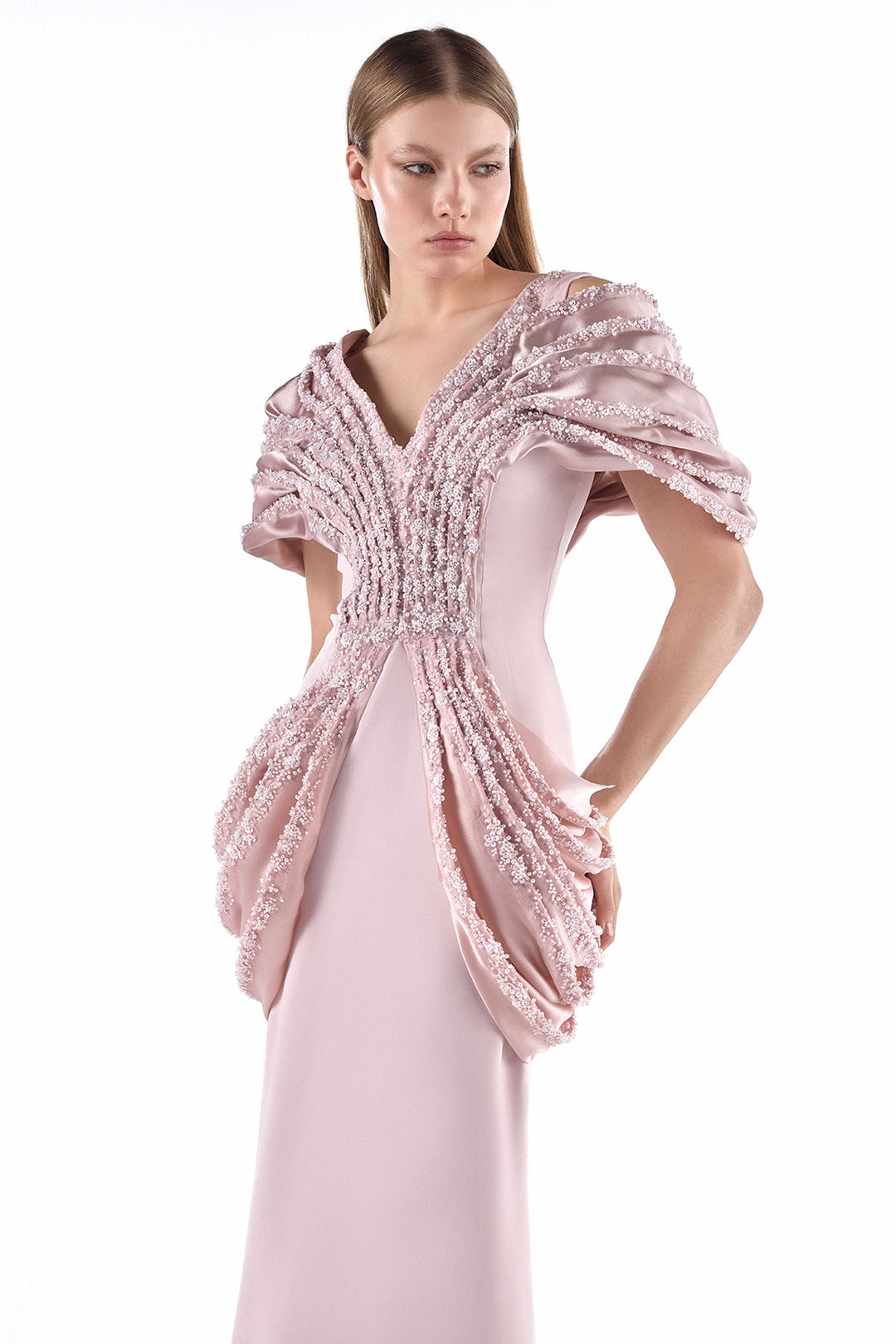 Hand-Beaded Lace with Crepe Long Dress