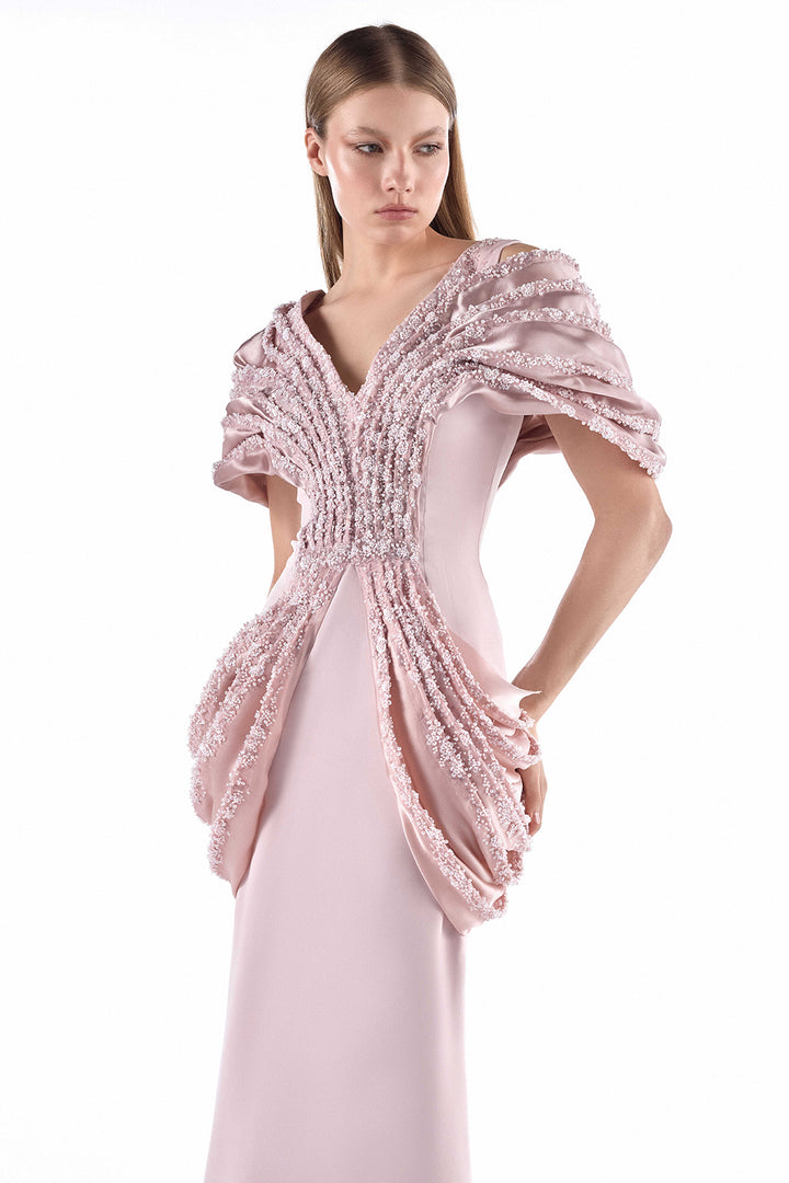 Hand-Beaded Lace with Crepe Long Dress