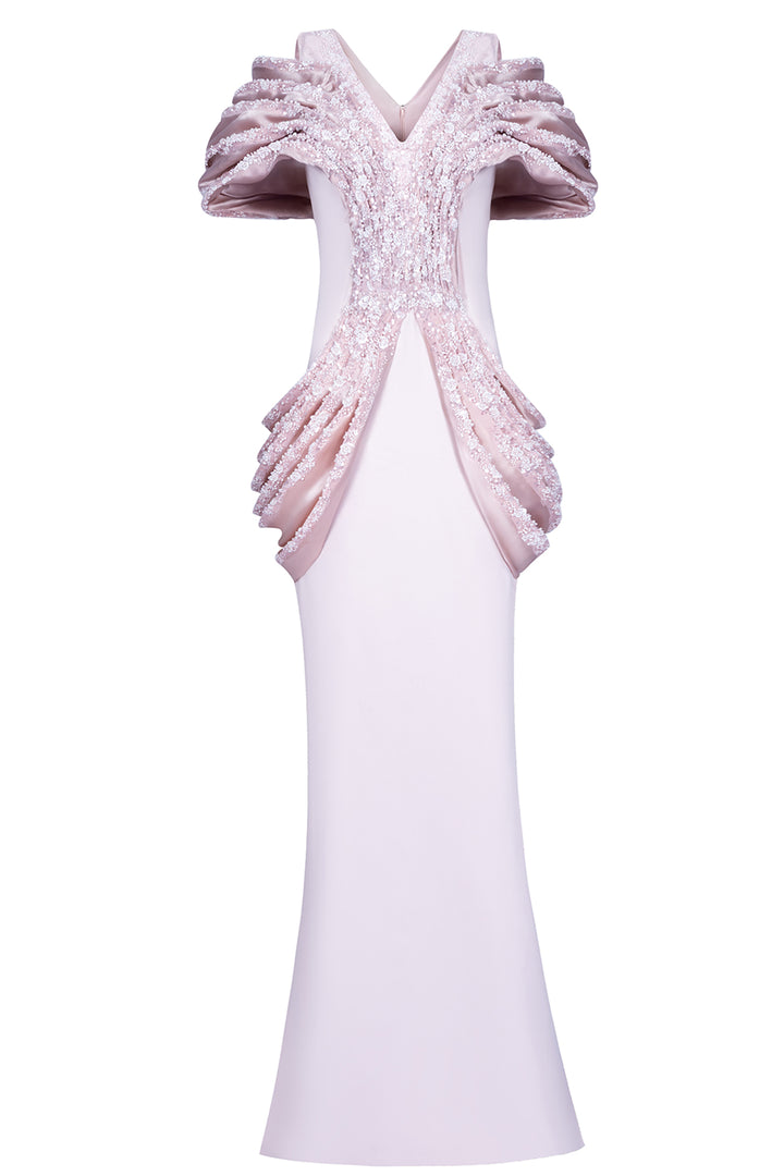 Hand-Beaded Lace with Crepe Long Dress
