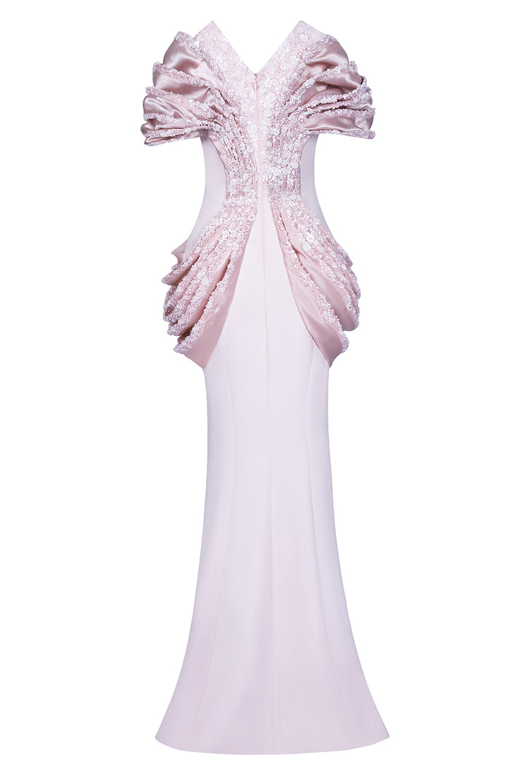 Hand-Beaded Lace with Crepe Long Dress