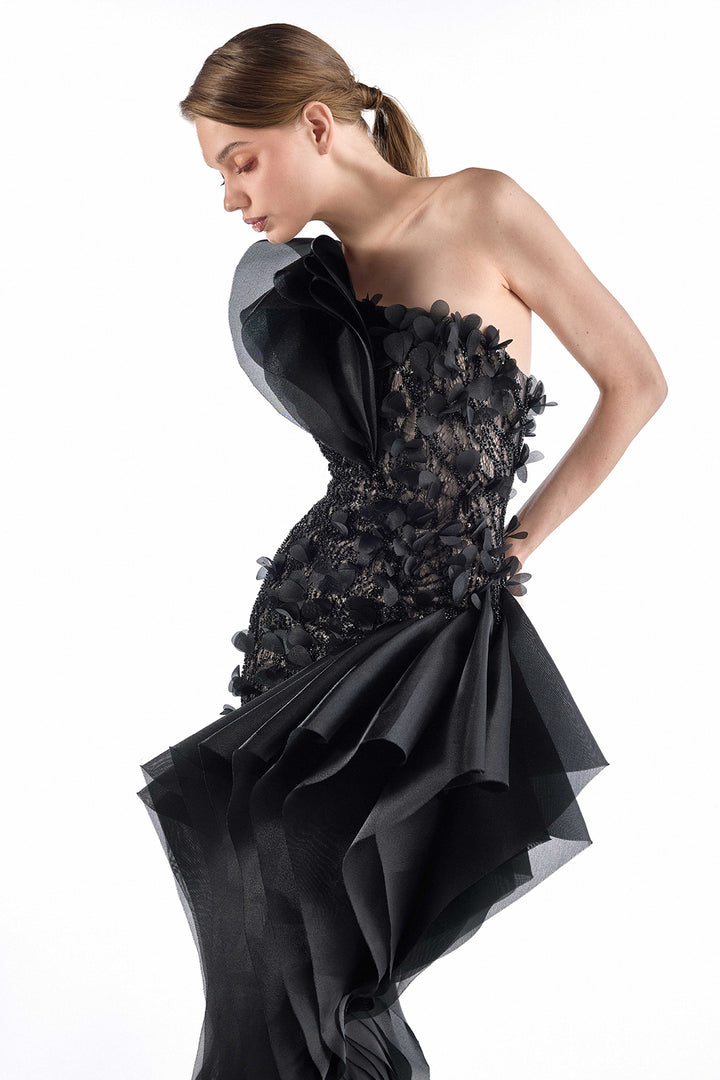 Floral Beaded Illusion with One-Shoulder Dress