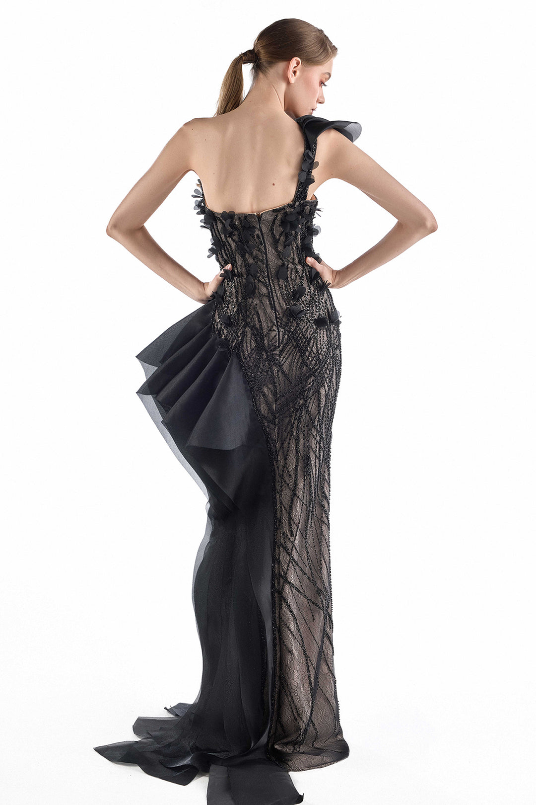 Floral Beaded Illusion with One-Shoulder Dress