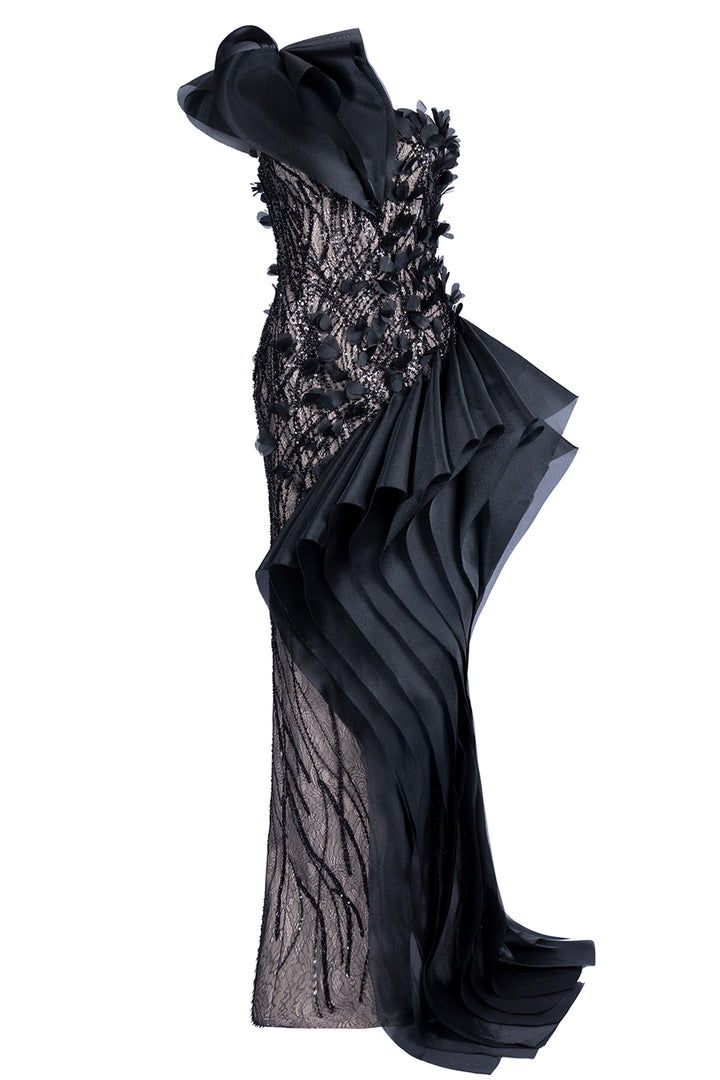 Floral Beaded Illusion with One-Shoulder Dress