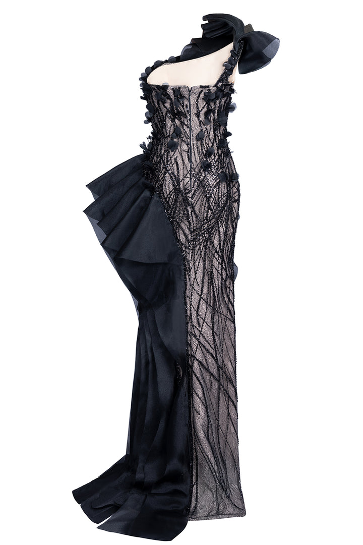 Floral Beaded Illusion with One-Shoulder Dress