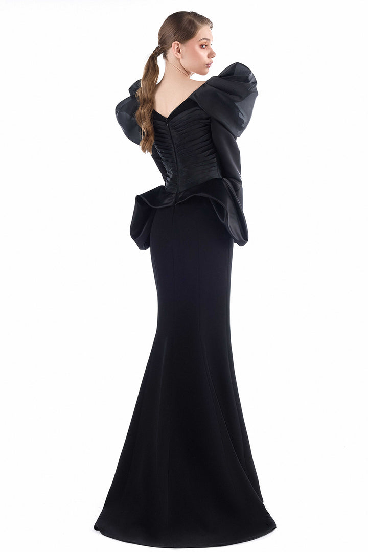V-Neck Crepe with Organza Mermaid Dress