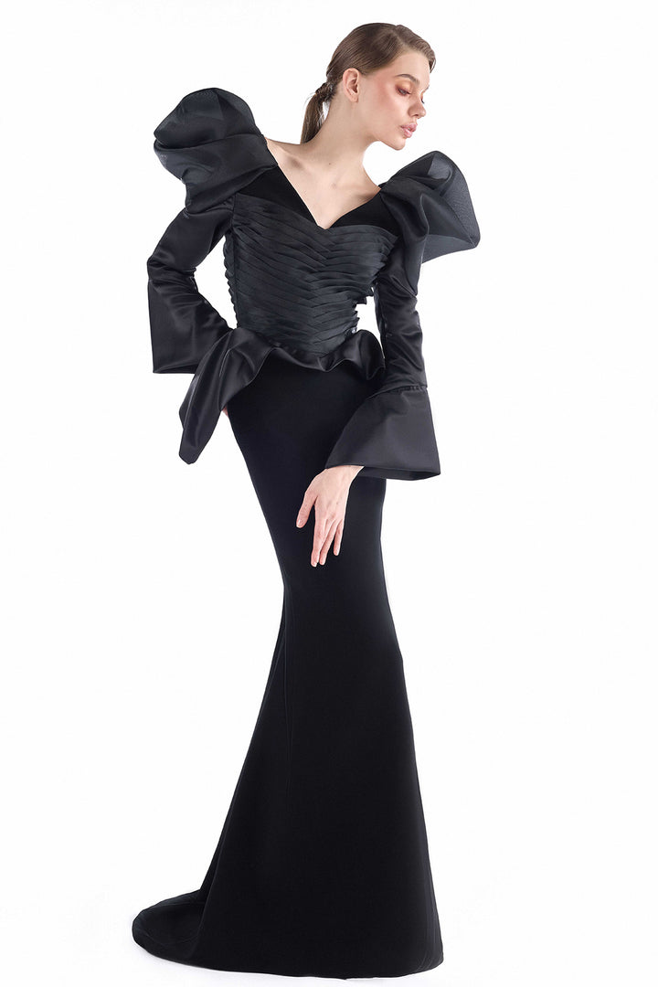 V-Neck Crepe with Organza Mermaid Dress