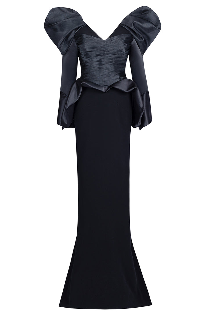 V-Neck Crepe with Organza Mermaid Dress