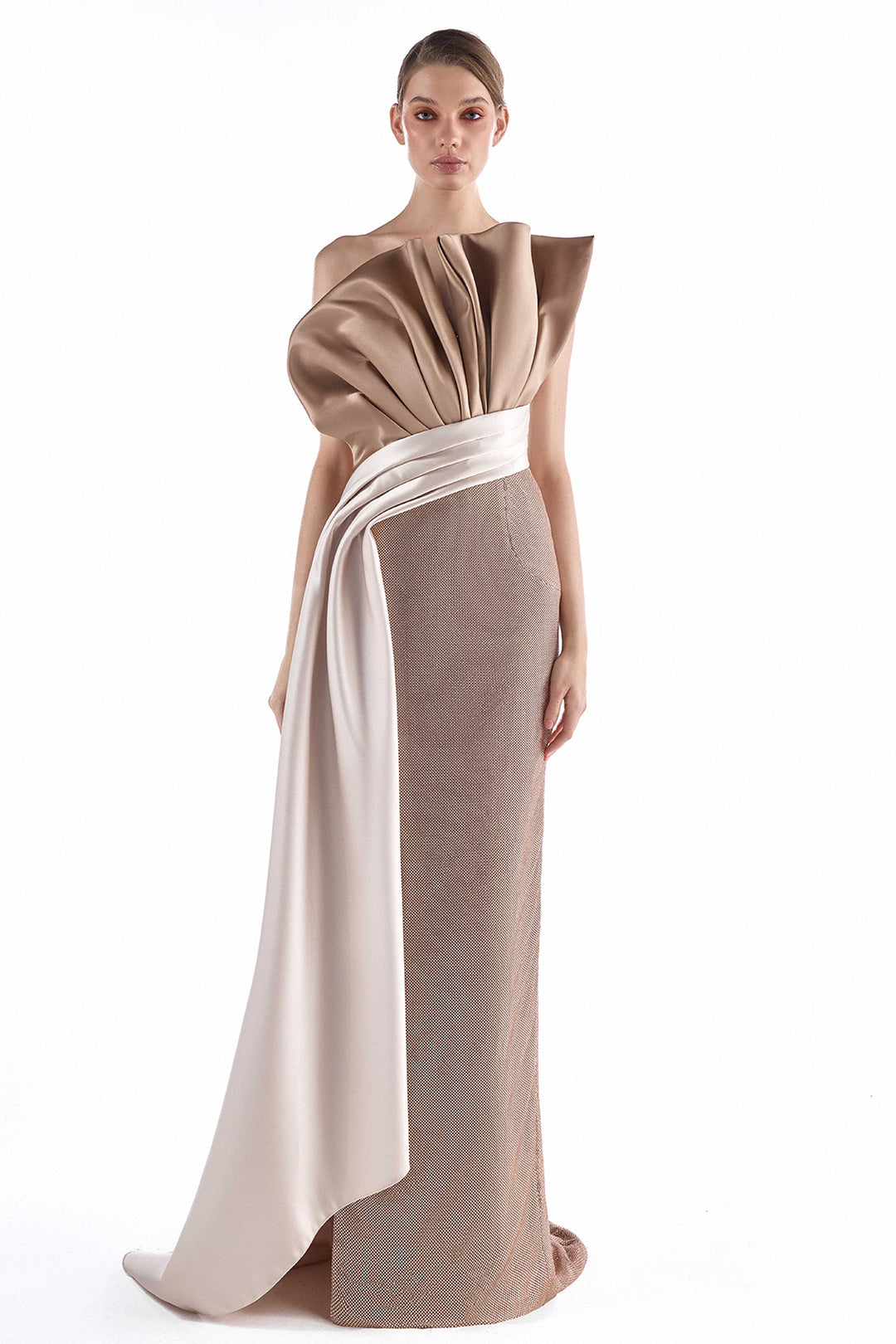 Asymmetric Strapless with Fold Mikado Column Dress
